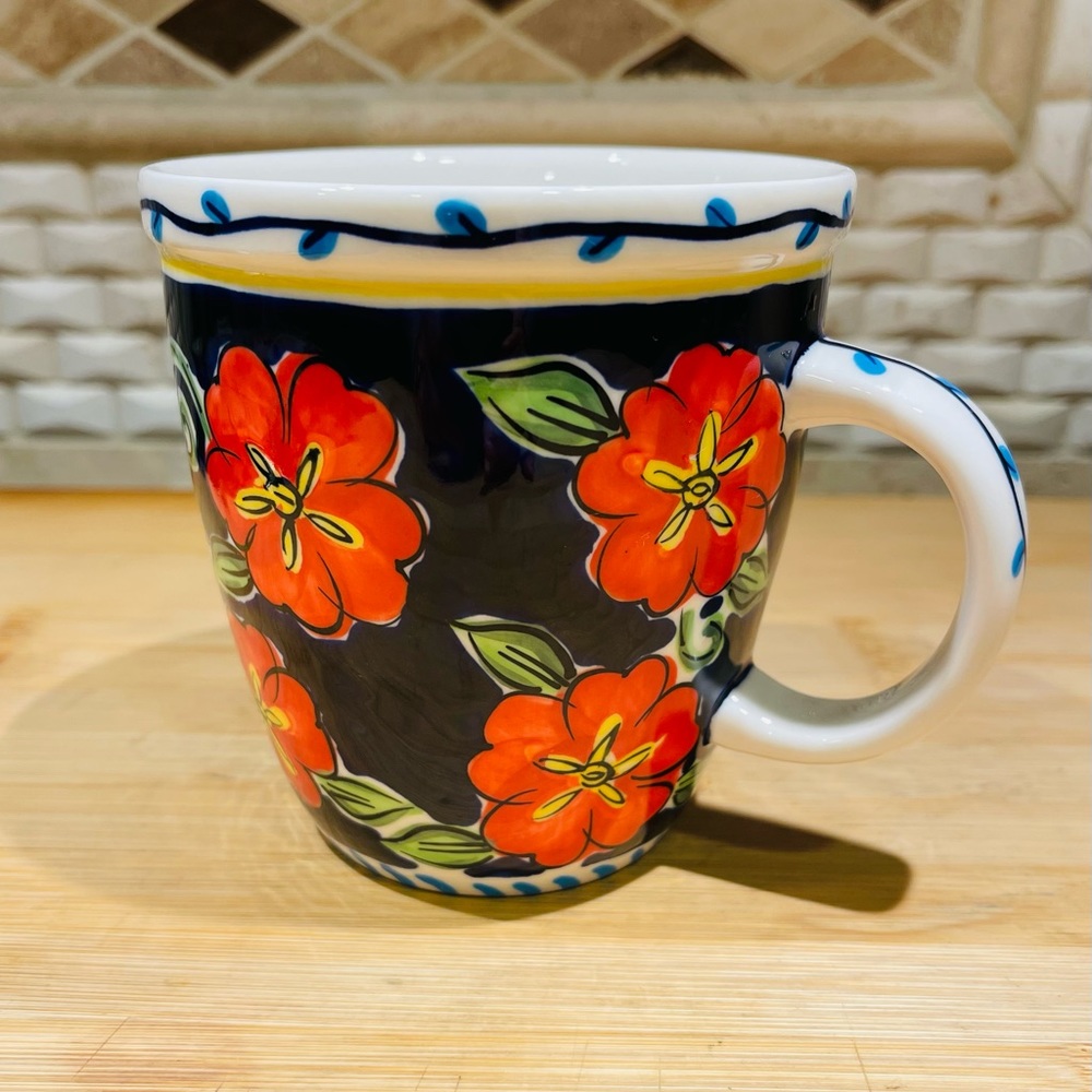Starbucks 2002 Barista Coffee Mug Cobalt Blue w Red Flowers Rare